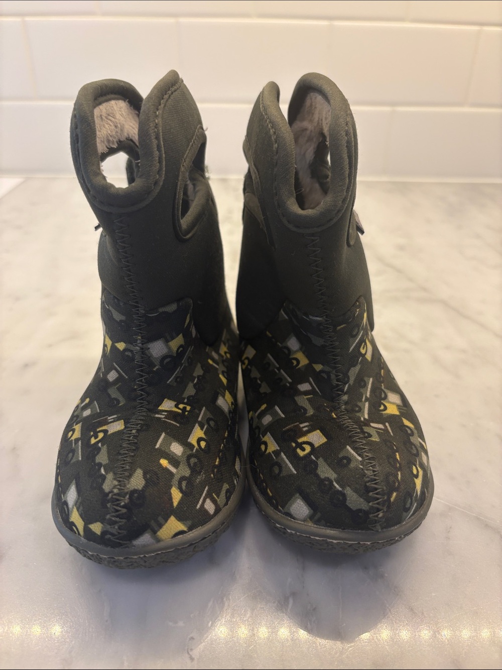 Bogs Kids Waterproof Rain & Snow Boots in Olive Green trains Pattern